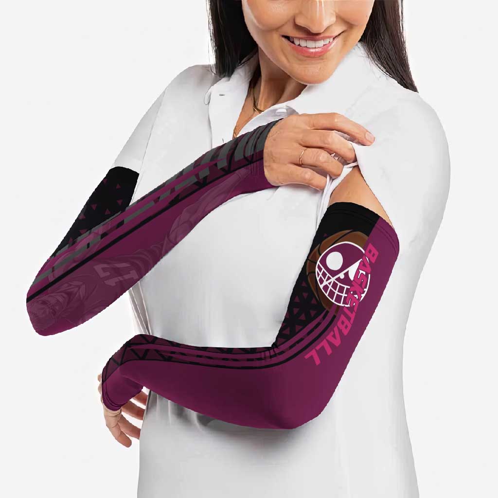Donquixote Doflamingo One Piece Basketball Theme Maroon and Black Design Arm Sleeves with Smiling Emblem and Aggressive Pose - The Mazicc