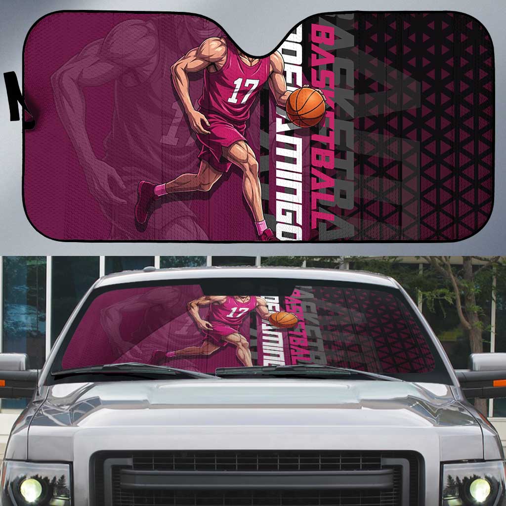Donquixote Doflamingo One Piece Basketball Theme Maroon and Black Design Auto Sun Shade with Smiling Emblem and Aggressive Pose - The Mazicc