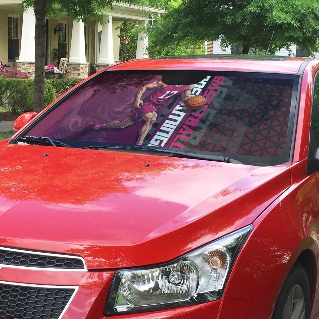 Donquixote Doflamingo One Piece Basketball Theme Maroon and Black Design Auto Sun Shade with Smiling Emblem and Aggressive Pose - The Mazicc