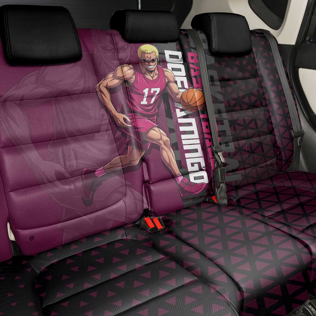 Donquixote Doflamingo One Piece Basketball Theme Maroon and Black Design Back Car Seat Cover with Smiling Emblem and Aggressive Pose - The Mazicc