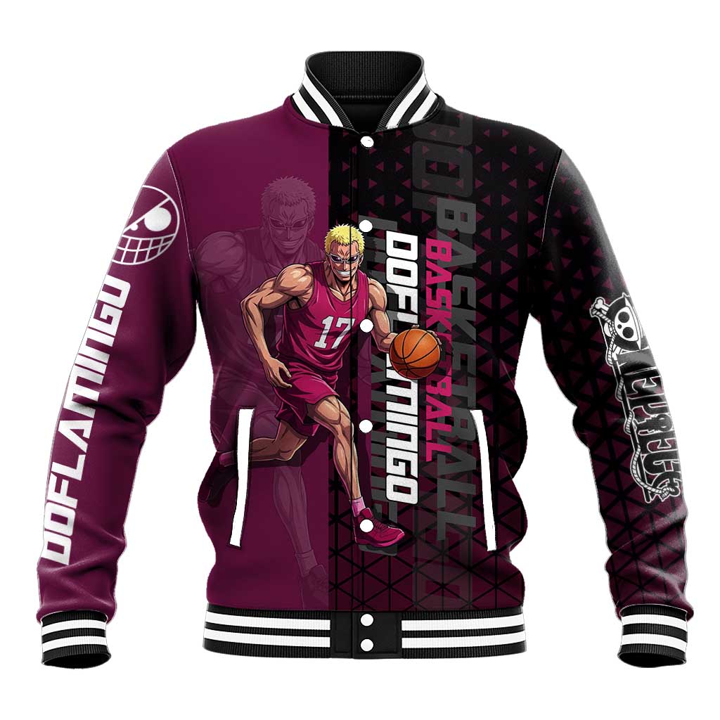 Donquixote Doflamingo One Piece Basketball Theme Maroon and Black Design Baseball Jacket with Smiling Emblem and Aggressive Pose - The Mazicc