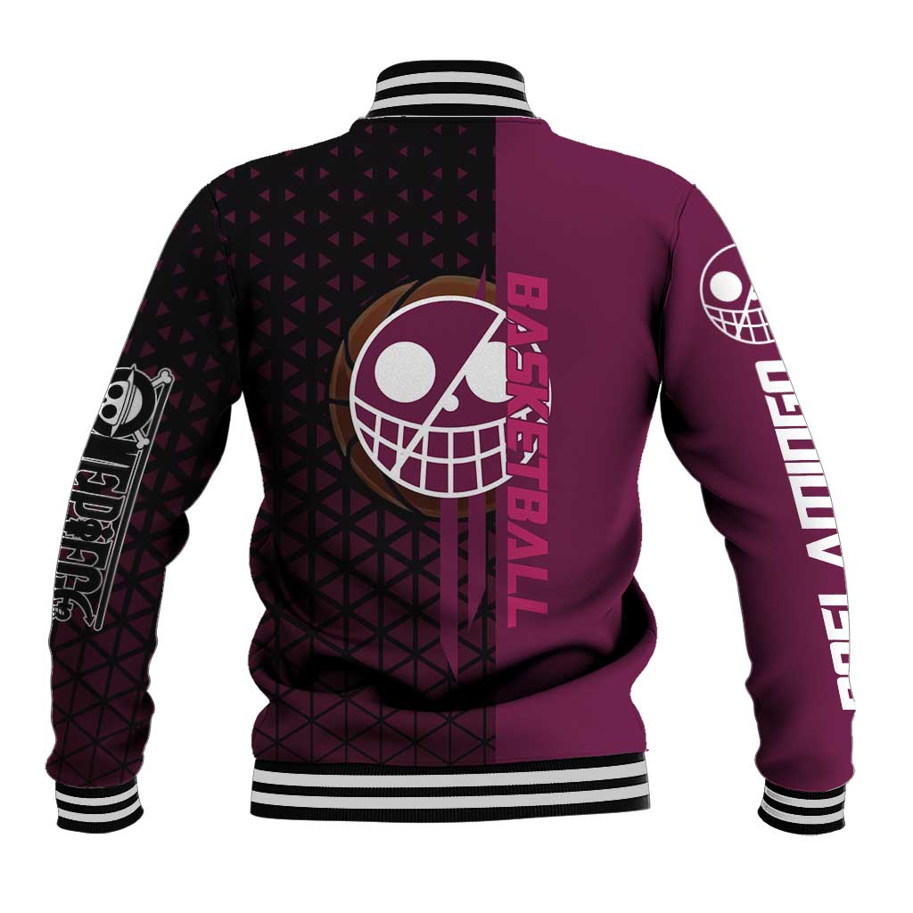 Donquixote Doflamingo One Piece Basketball Theme Maroon and Black Design Baseball Jacket with Smiling Emblem and Aggressive Pose - The Mazicc