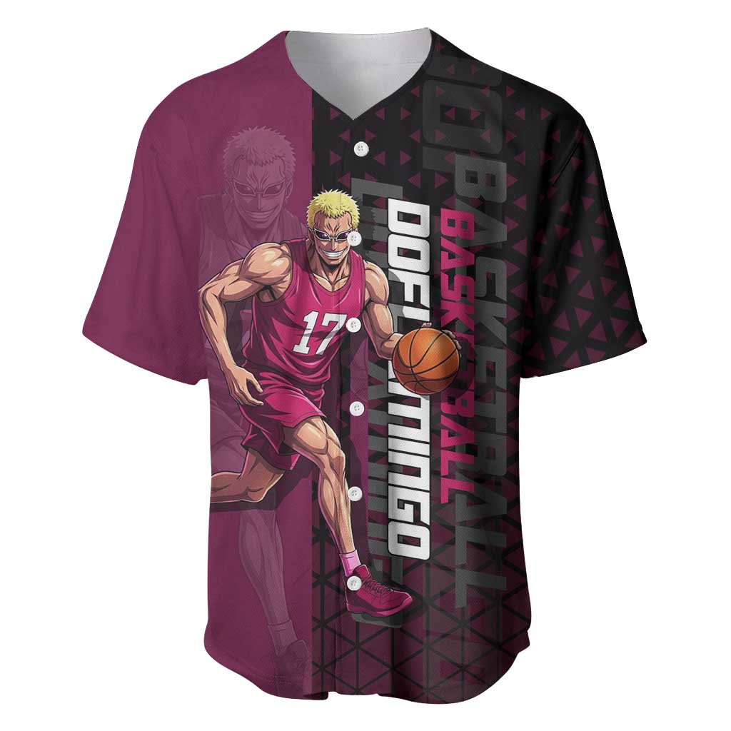 Donquixote Doflamingo One Piece Basketball Theme Maroon and Black Design Baseball Jersey with Smiling Emblem and Aggressive Pose - The Mazicc
