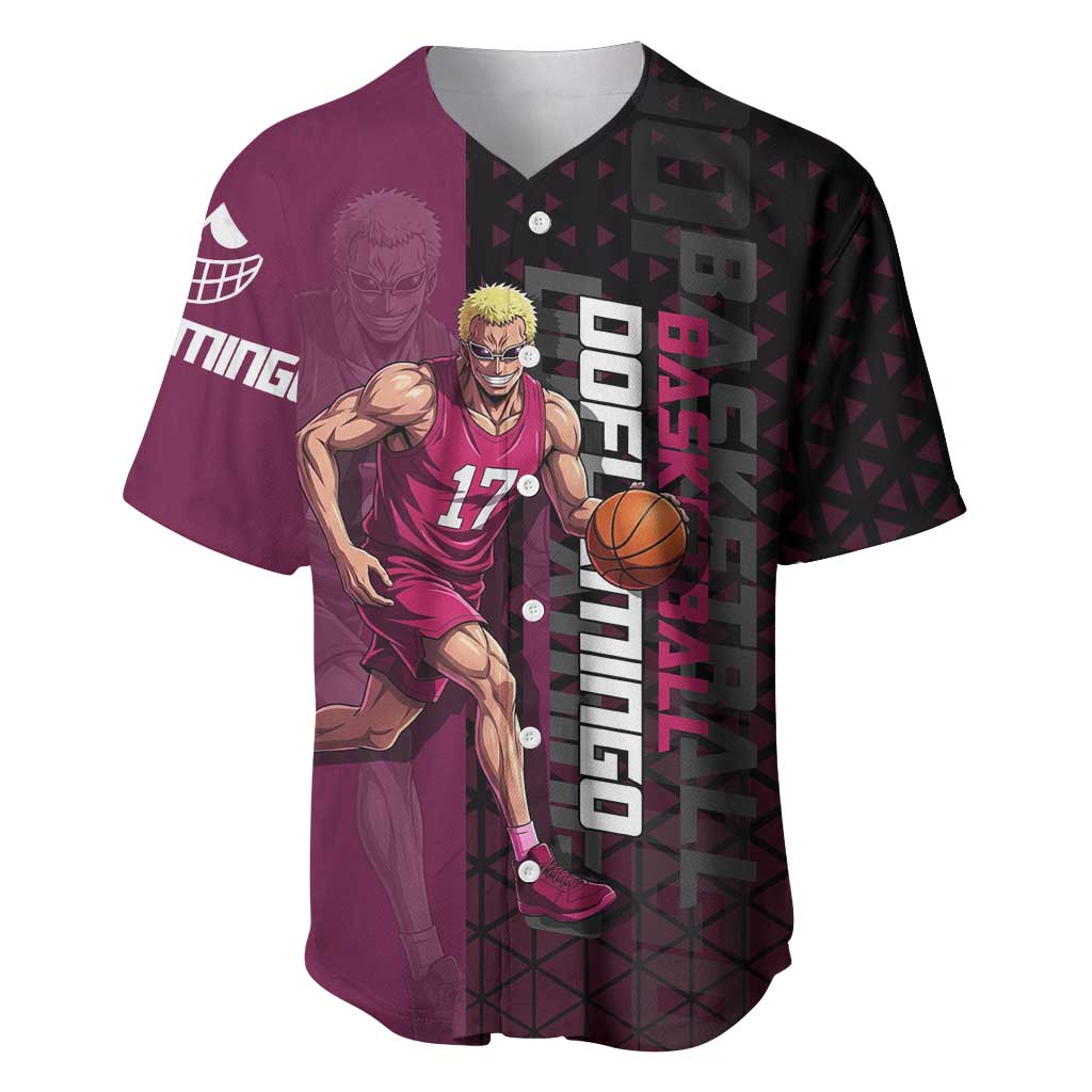 Donquixote Doflamingo One Piece Basketball Theme Maroon and Black Design Baseball Jersey with Smiling Emblem and Aggressive Pose - The Mazicc