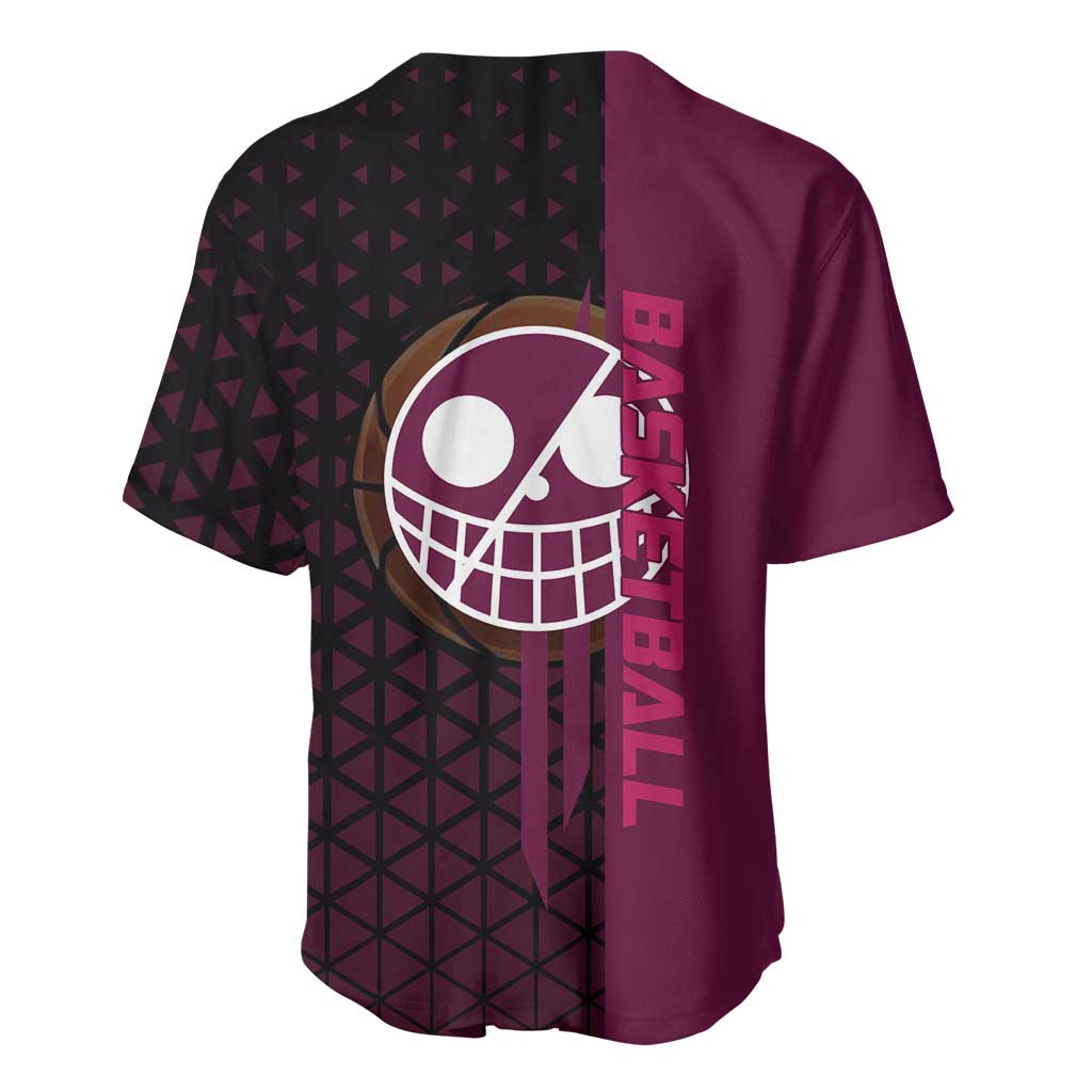 Donquixote Doflamingo One Piece Basketball Theme Maroon and Black Design Baseball Jersey with Smiling Emblem and Aggressive Pose - The Mazicc
