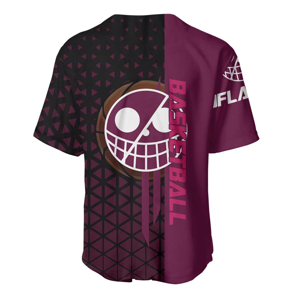 Donquixote Doflamingo One Piece Basketball Theme Maroon and Black Design Baseball Jersey with Smiling Emblem and Aggressive Pose - The Mazicc