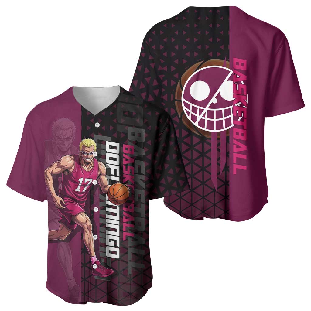 Donquixote Doflamingo One Piece Basketball Theme Maroon and Black Design Baseball Jersey with Smiling Emblem and Aggressive Pose - The Mazicc