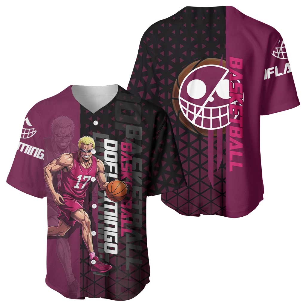 Donquixote Doflamingo One Piece Basketball Theme Maroon and Black Design Baseball Jersey with Smiling Emblem and Aggressive Pose - The Mazicc