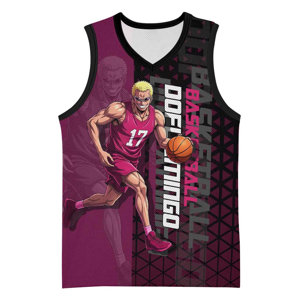 Donquixote Doflamingo One Piece Basketball Theme Maroon and Black Design Basketball Jersey with Smiling Emblem and Aggressive Pose - The Mazicc