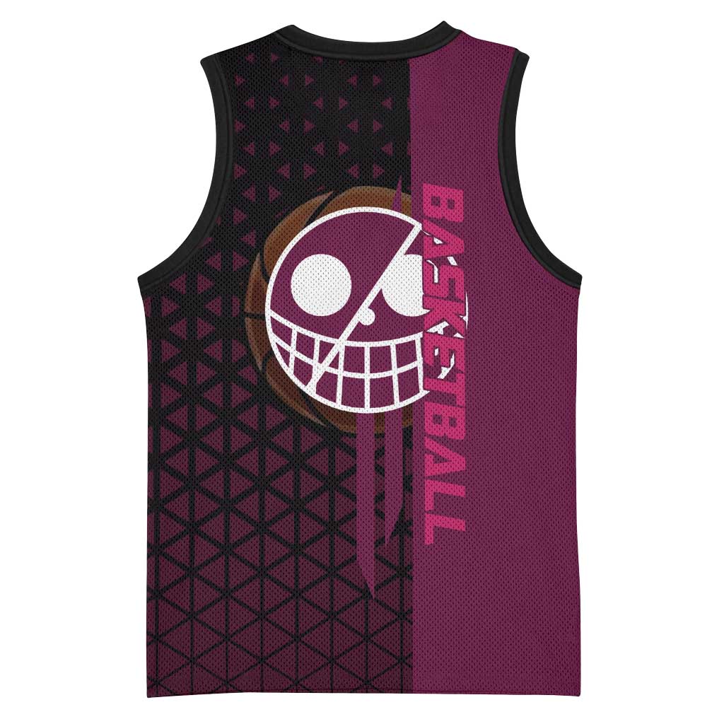 Donquixote Doflamingo One Piece Basketball Theme Maroon and Black Design Basketball Jersey with Smiling Emblem and Aggressive Pose - The Mazicc