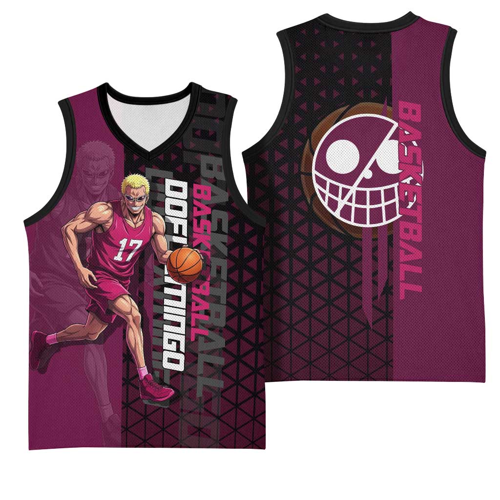 Donquixote Doflamingo One Piece Basketball Theme Maroon and Black Design Basketball Jersey with Smiling Emblem and Aggressive Pose - The Mazicc