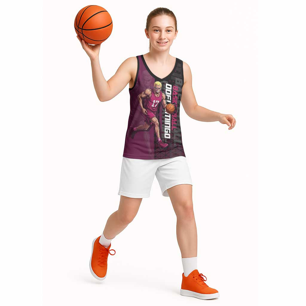 Donquixote Doflamingo One Piece Basketball Theme Maroon and Black Design Basketball Jersey with Smiling Emblem and Aggressive Pose - The Mazicc