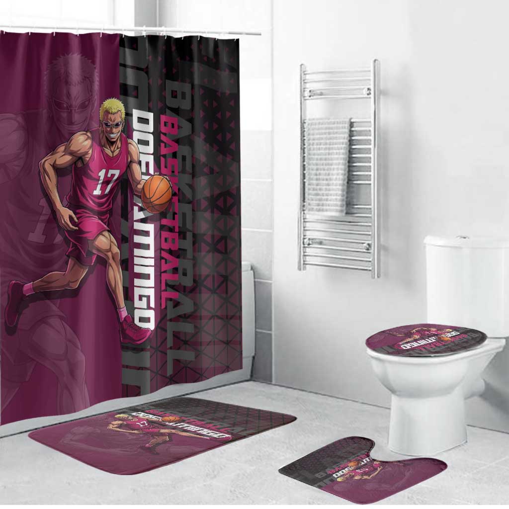 Donquixote Doflamingo One Piece Basketball Theme Maroon and Black Design Bathroom Set with Smiling Emblem and Aggressive Pose - The Mazicc