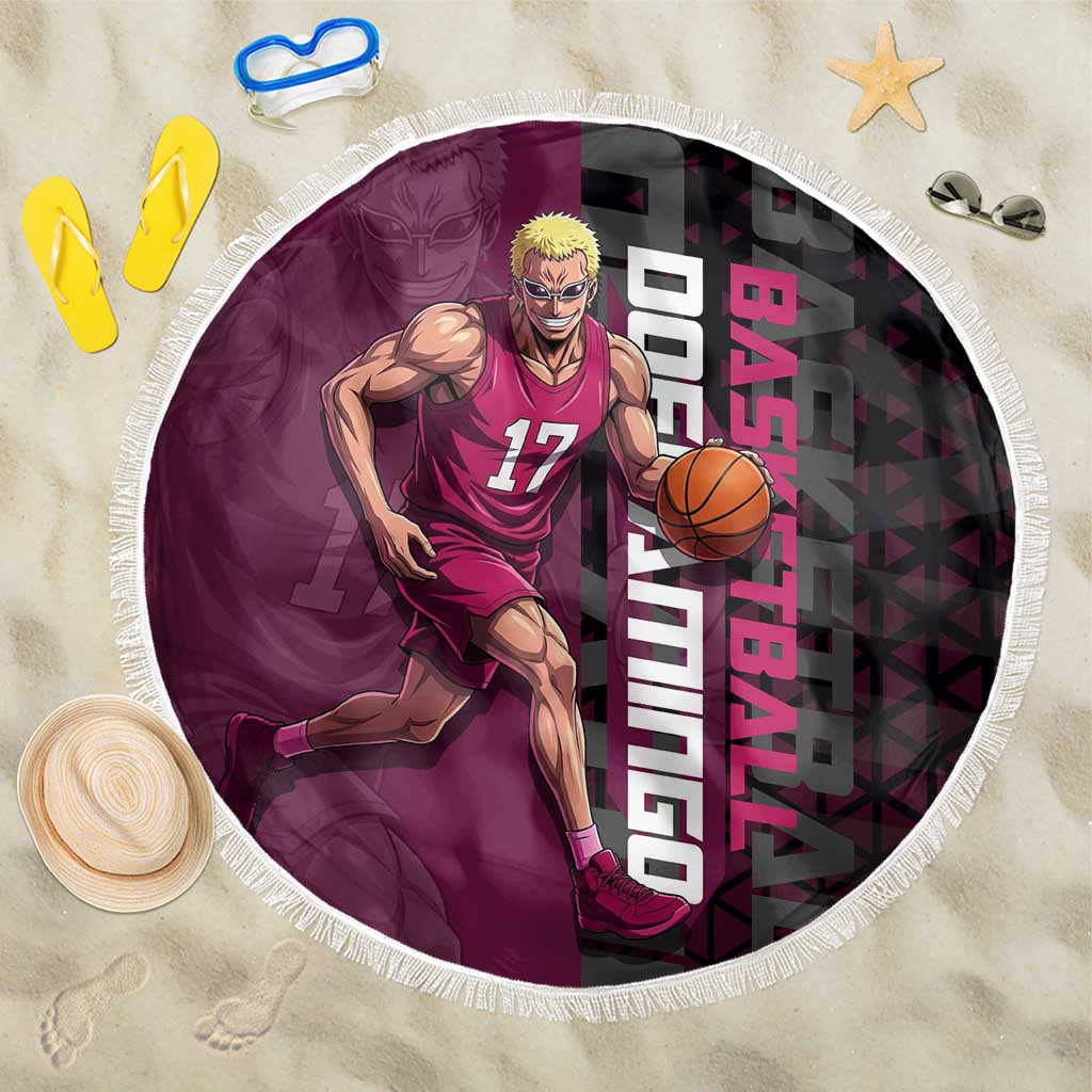 Donquixote Doflamingo One Piece Basketball Theme Maroon and Black Design Beach Blanket with Smiling Emblem and Aggressive Pose - The Mazicc