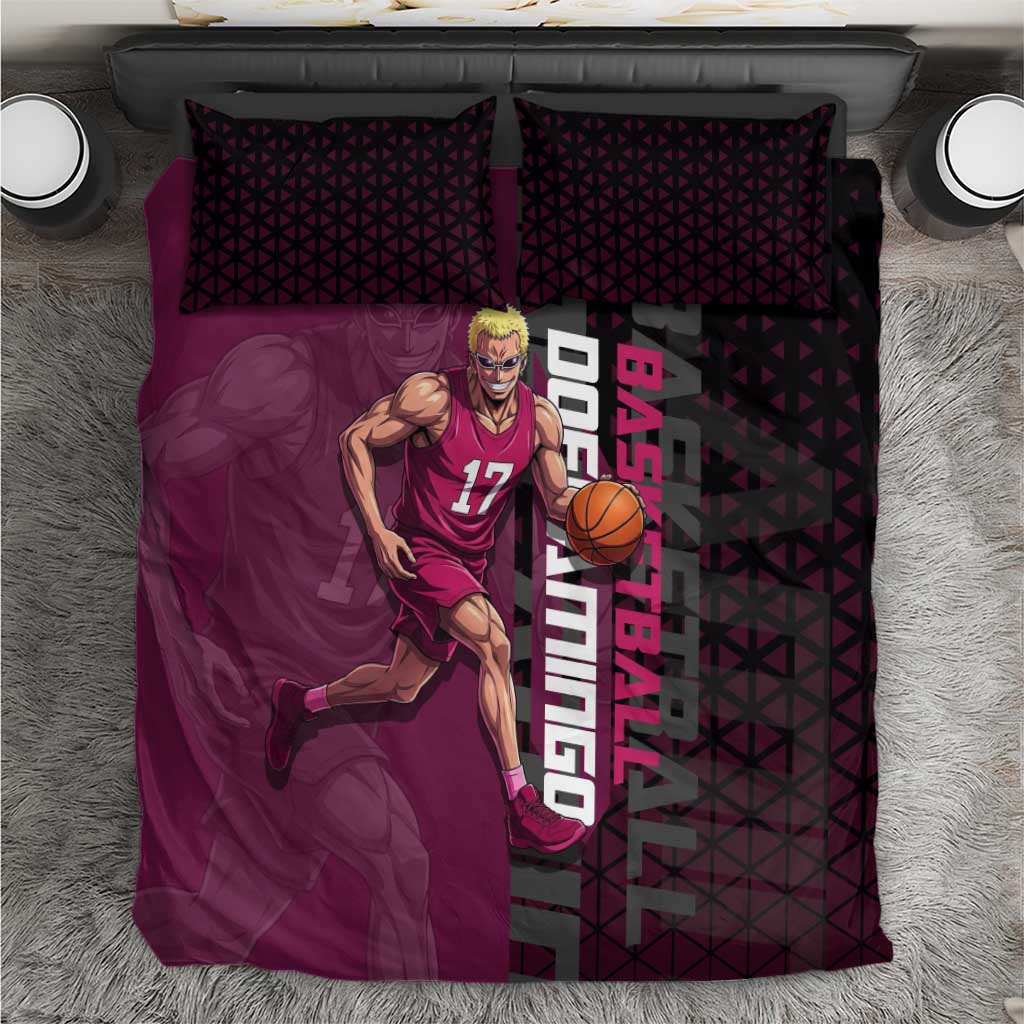 Donquixote Doflamingo One Piece Basketball Theme Maroon and Black Design Bedding Set with Smiling Emblem and Aggressive Pose - The Mazicc
