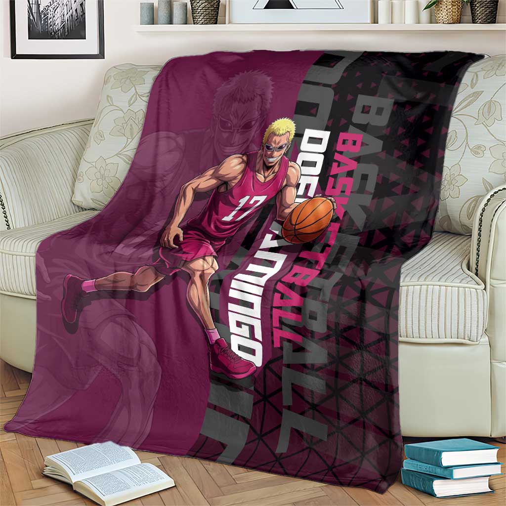 Donquixote Doflamingo One Piece Basketball Theme Maroon and Black Design Blanket with Smiling Emblem and Aggressive Pose - The Mazicc