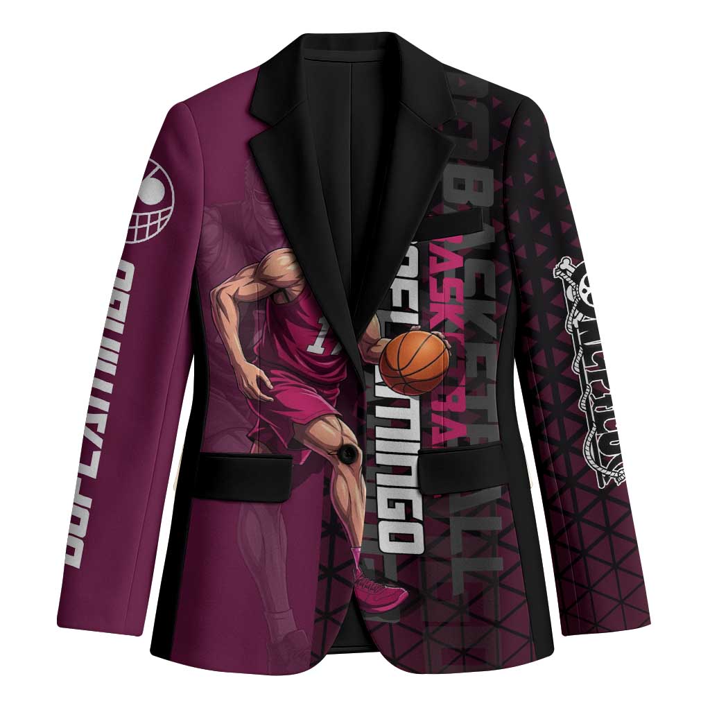 Donquixote Doflamingo One Piece Basketball Theme Maroon and Black Design Blazer with Smiling Emblem and Aggressive Pose - The Mazicc