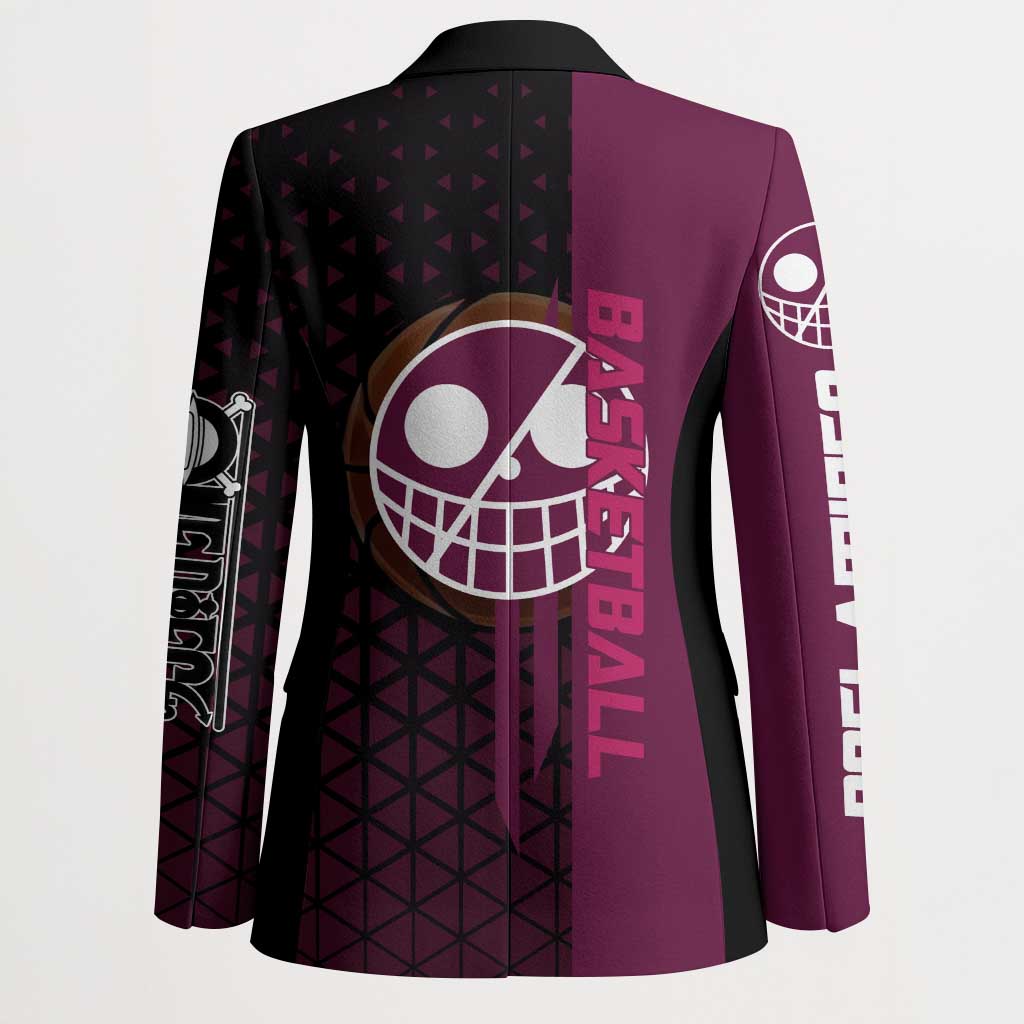 Donquixote Doflamingo One Piece Basketball Theme Maroon and Black Design Blazer with Smiling Emblem and Aggressive Pose - The Mazicc