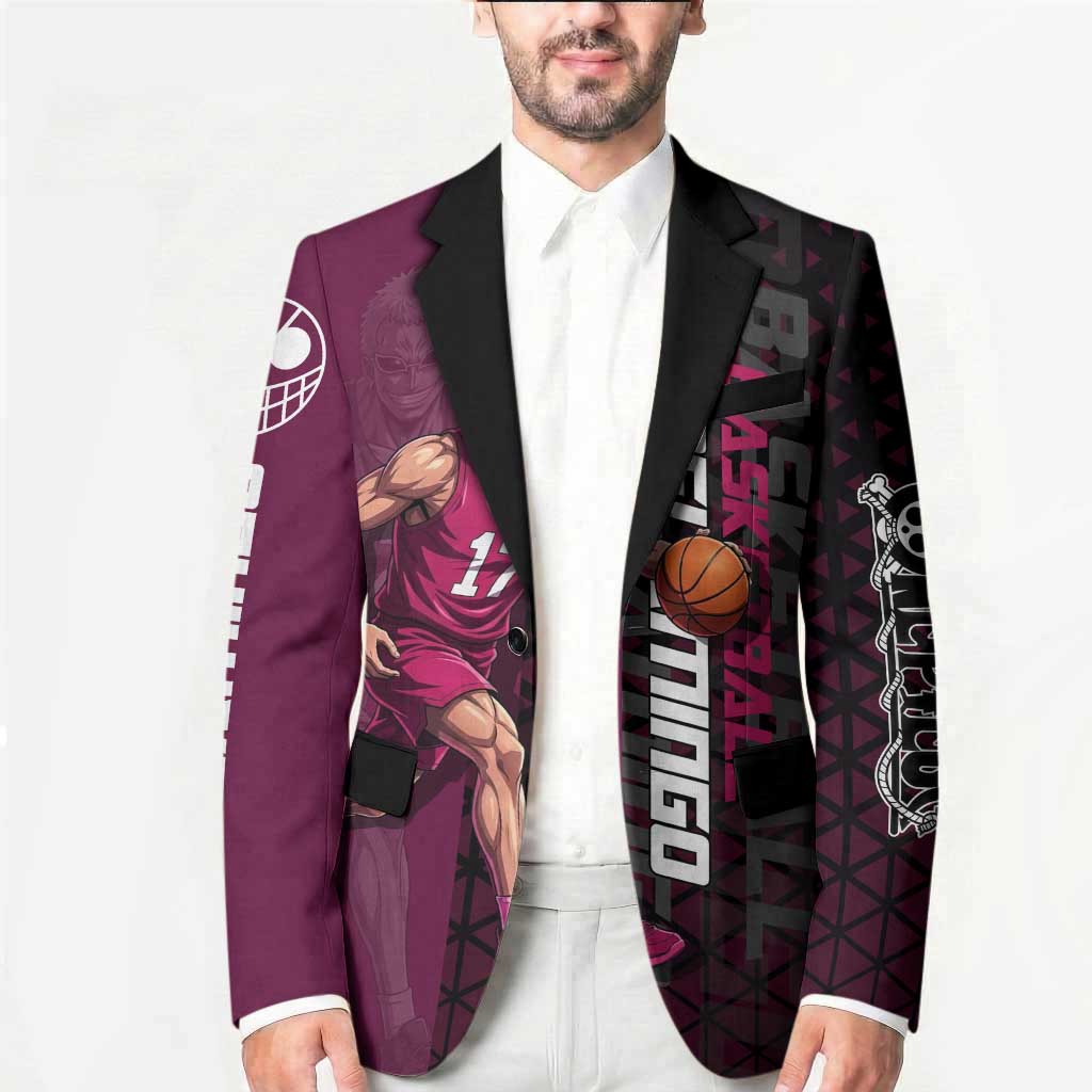 Donquixote Doflamingo One Piece Basketball Theme Maroon and Black Design Blazer with Smiling Emblem and Aggressive Pose - The Mazicc