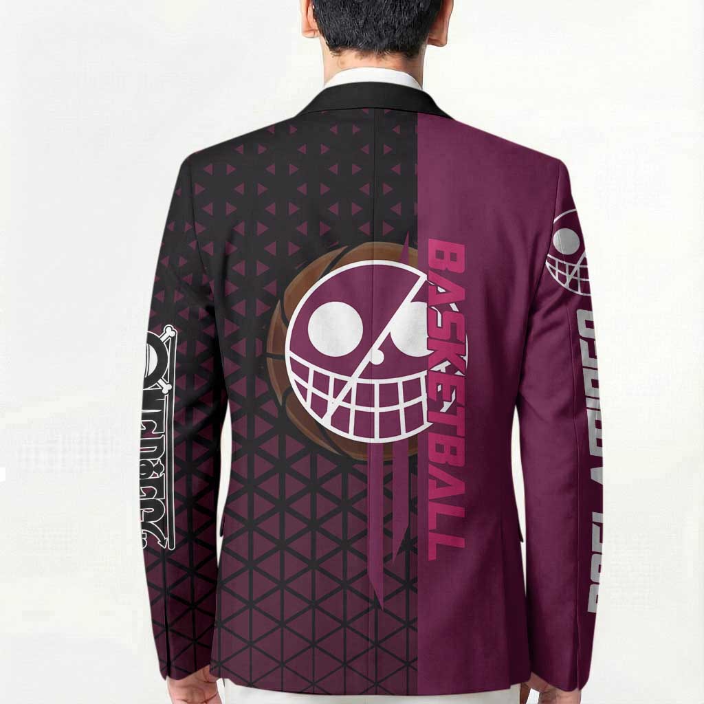 Donquixote Doflamingo One Piece Basketball Theme Maroon and Black Design Blazer with Smiling Emblem and Aggressive Pose - The Mazicc