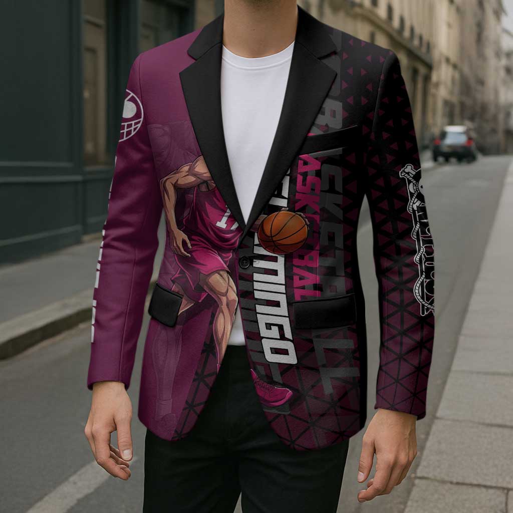 Donquixote Doflamingo One Piece Basketball Theme Maroon and Black Design Blazer with Smiling Emblem and Aggressive Pose - The Mazicc