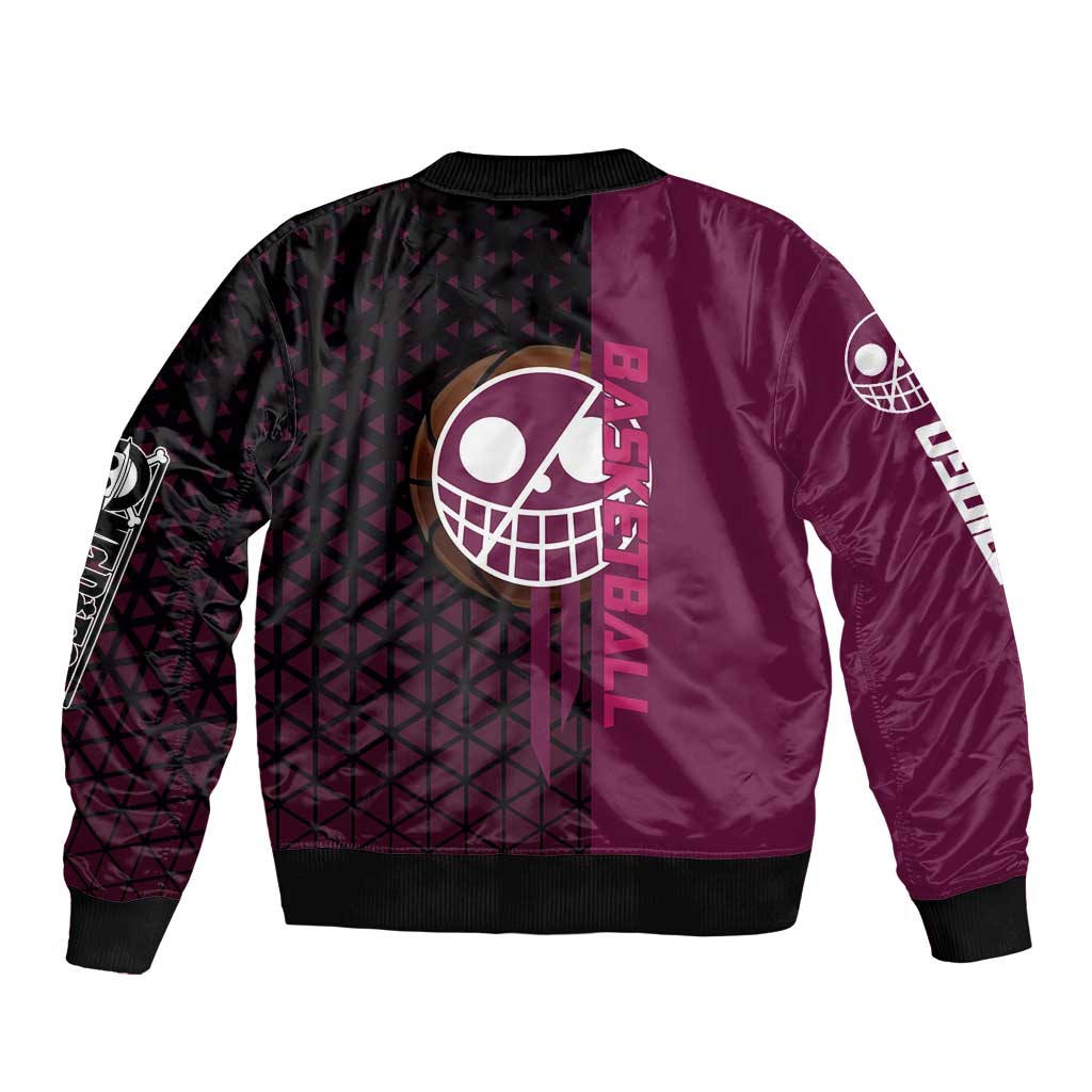 Donquixote Doflamingo One Piece Basketball Theme Maroon and Black Design Bomber Jacket with Smiling Emblem and Aggressive Pose - The Mazicc