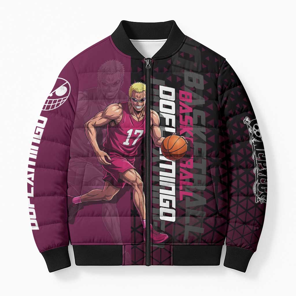 Donquixote Doflamingo One Piece Basketball Theme Maroon and Black Design Bomber Puffer Jacket with Smiling Emblem and Aggressive Pose - The Mazicc
