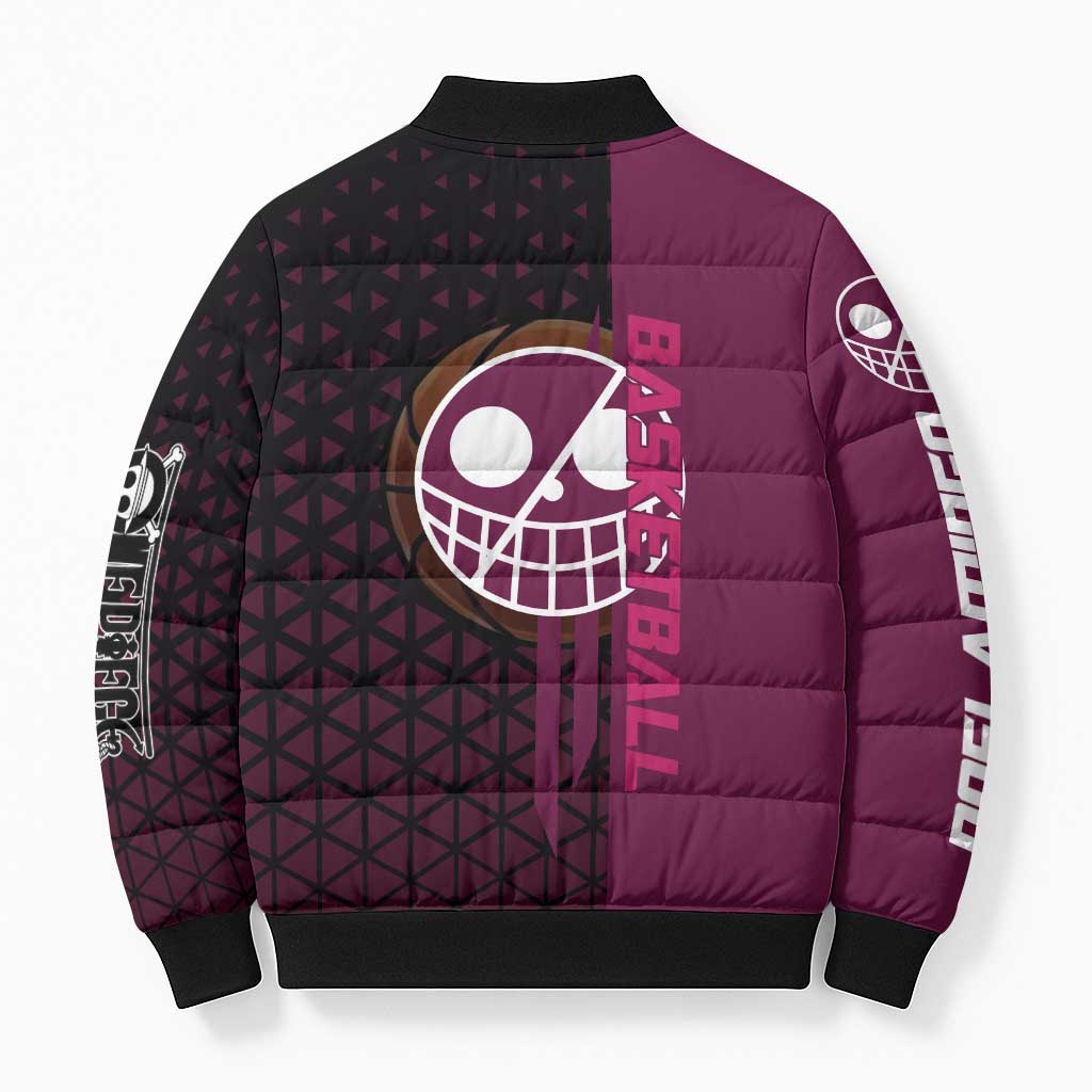 Donquixote Doflamingo One Piece Basketball Theme Maroon and Black Design Bomber Puffer Jacket with Smiling Emblem and Aggressive Pose - The Mazicc