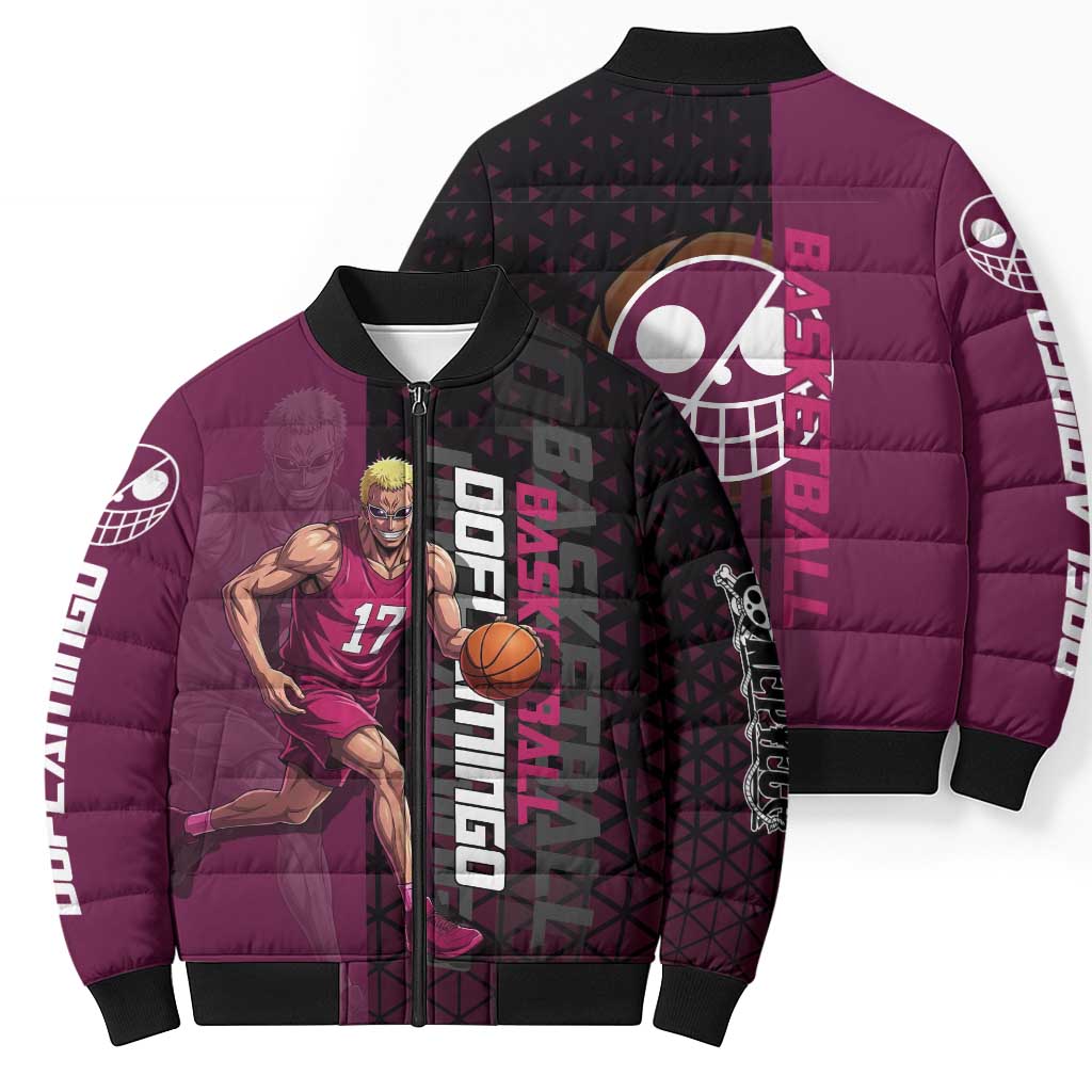 Donquixote Doflamingo One Piece Basketball Theme Maroon and Black Design Bomber Puffer Jacket with Smiling Emblem and Aggressive Pose - The Mazicc