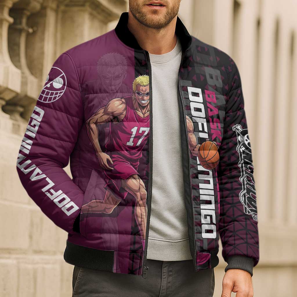 Donquixote Doflamingo One Piece Basketball Theme Maroon and Black Design Bomber Puffer Jacket with Smiling Emblem and Aggressive Pose - The Mazicc