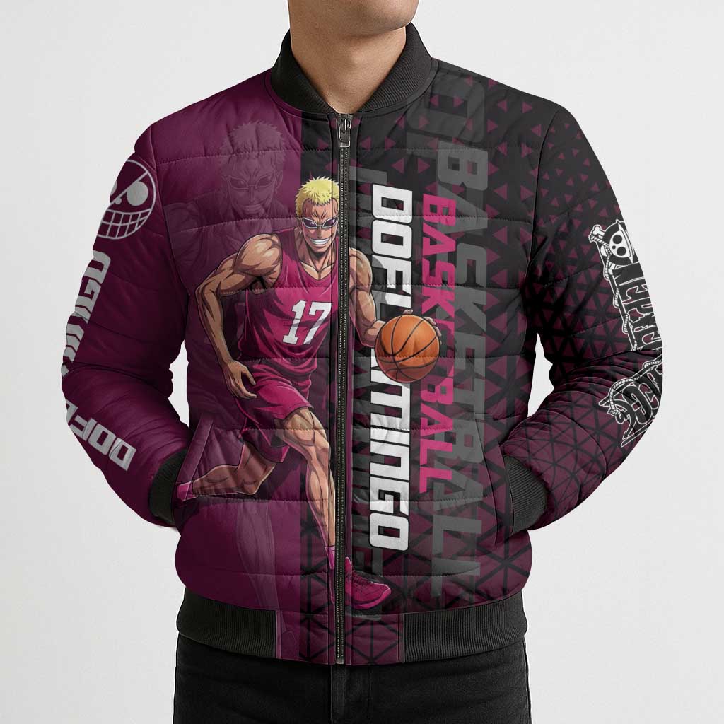 Donquixote Doflamingo One Piece Basketball Theme Maroon and Black Design Bomber Puffer Jacket with Smiling Emblem and Aggressive Pose - The Mazicc