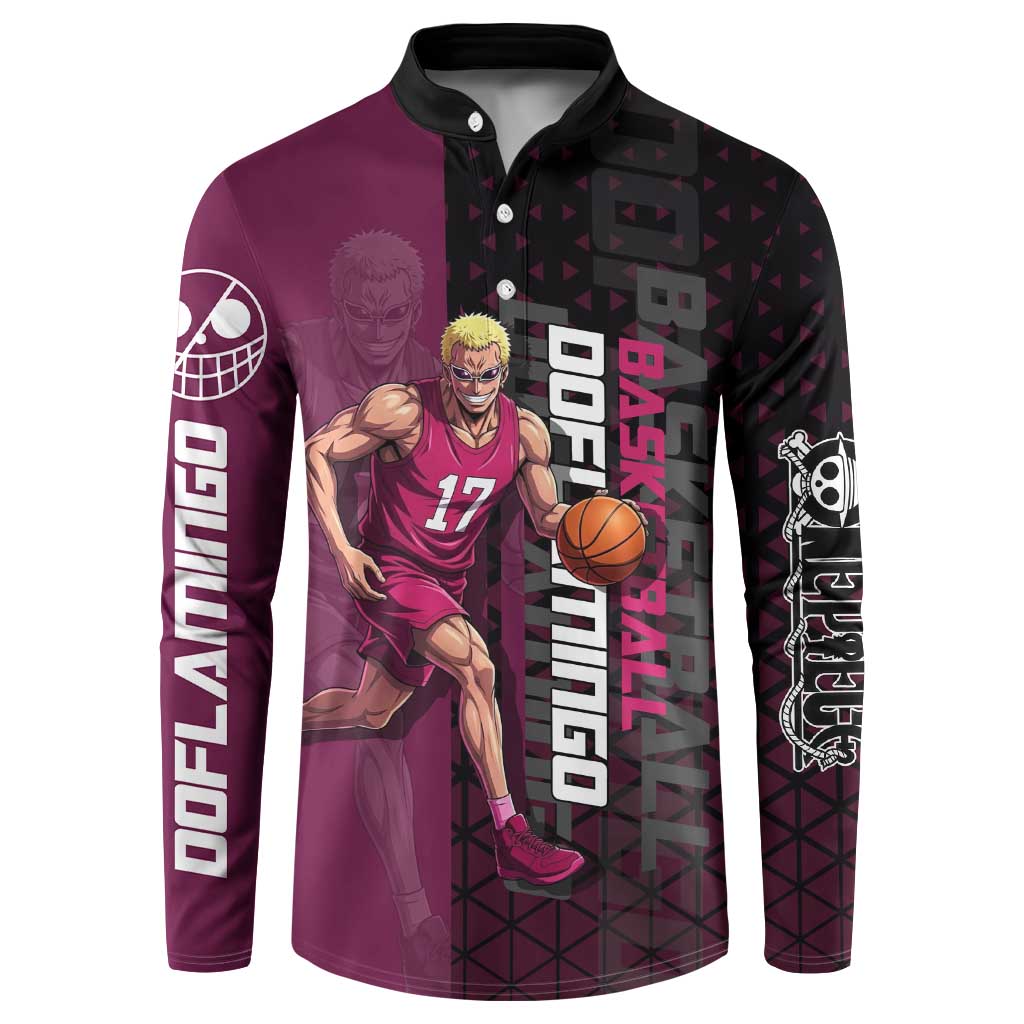 Donquixote Doflamingo One Piece Basketball Theme Maroon and Black Design Button Sweatshirt with Smiling Emblem and Aggressive Pose - The Mazicc