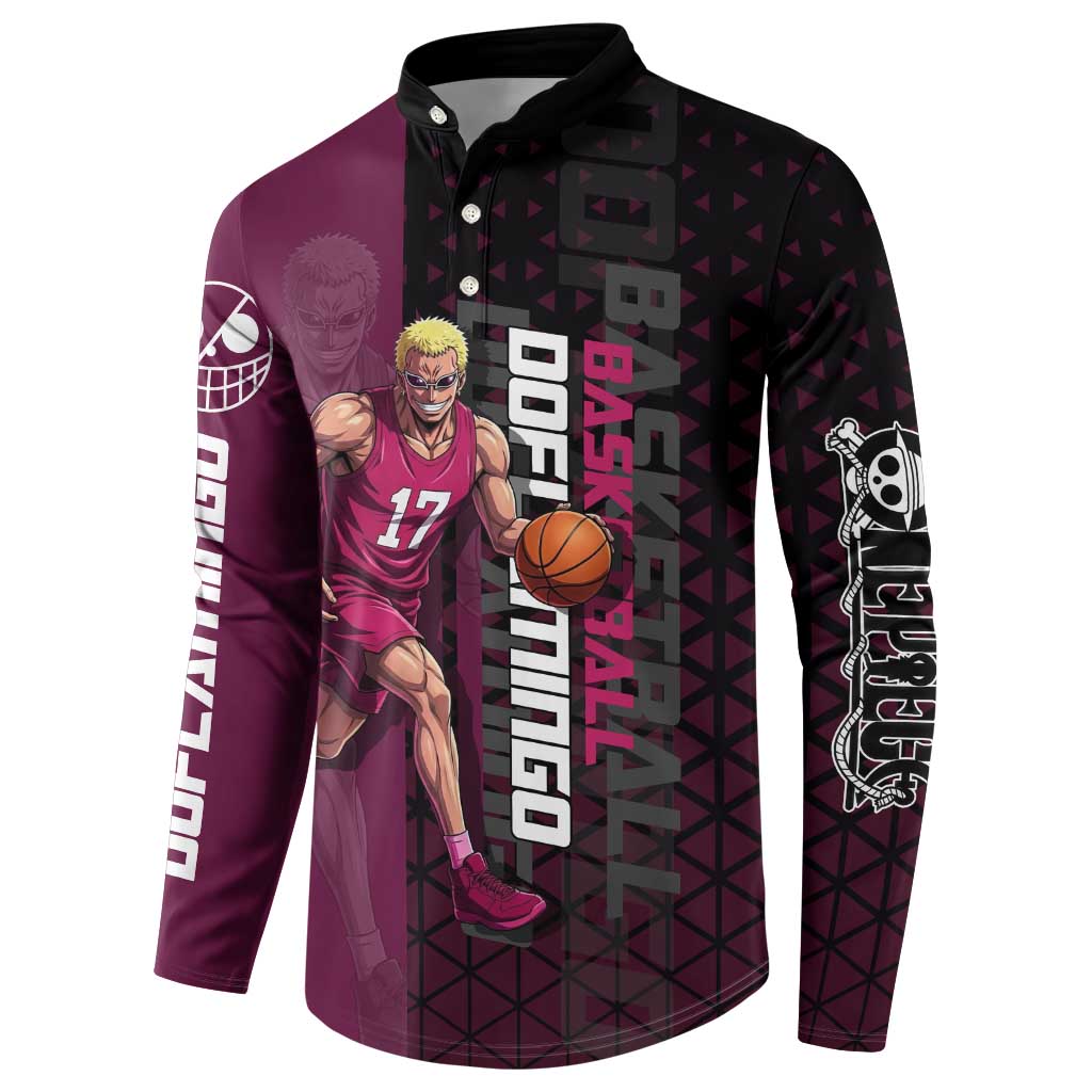 Donquixote Doflamingo One Piece Basketball Theme Maroon and Black Design Button Sweatshirt with Smiling Emblem and Aggressive Pose - The Mazicc