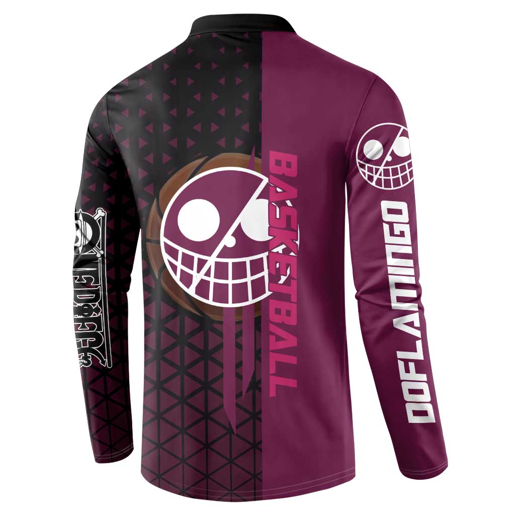 Donquixote Doflamingo One Piece Basketball Theme Maroon and Black Design Button Sweatshirt with Smiling Emblem and Aggressive Pose - The Mazicc