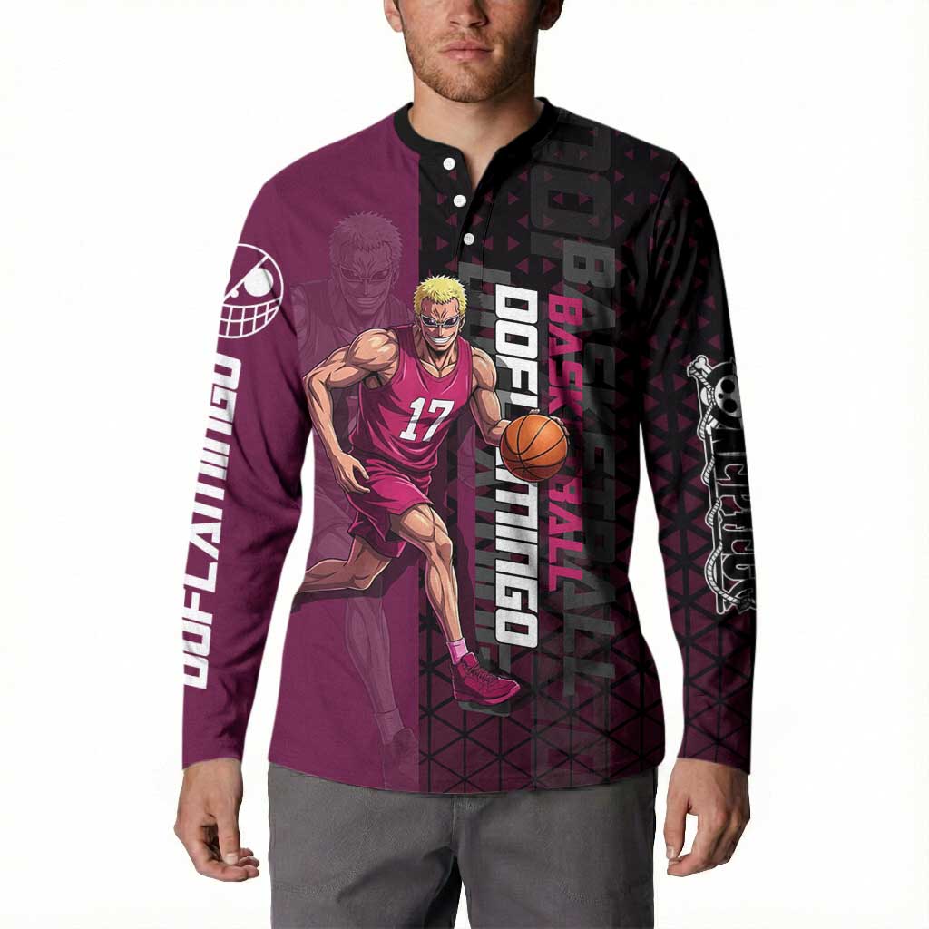 Donquixote Doflamingo One Piece Basketball Theme Maroon and Black Design Button Sweatshirt with Smiling Emblem and Aggressive Pose - The Mazicc