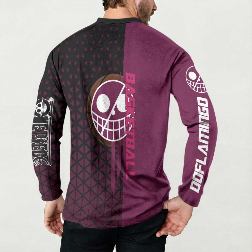 Donquixote Doflamingo One Piece Basketball Theme Maroon and Black Design Button Sweatshirt with Smiling Emblem and Aggressive Pose - The Mazicc