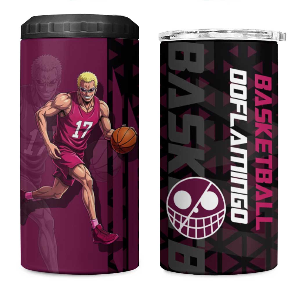 Donquixote Doflamingo One Piece Basketball Theme Maroon and Black Design 4 in 1 Can Cooler Tumbler with Smiling Emblem and Aggressive Pose - The Mazicc