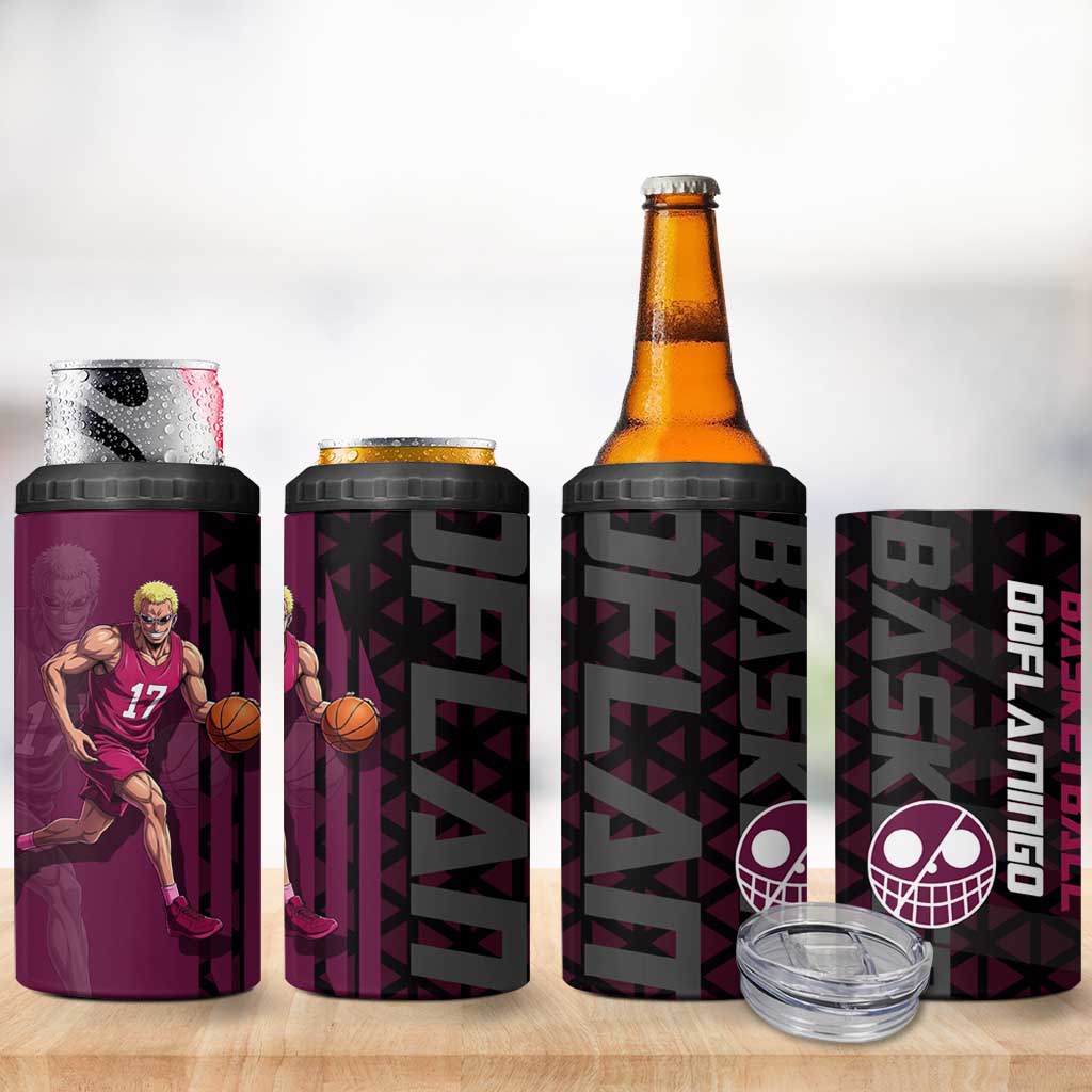 Donquixote Doflamingo One Piece Basketball Theme Maroon and Black Design 4 in 1 Can Cooler Tumbler with Smiling Emblem and Aggressive Pose - The Mazicc