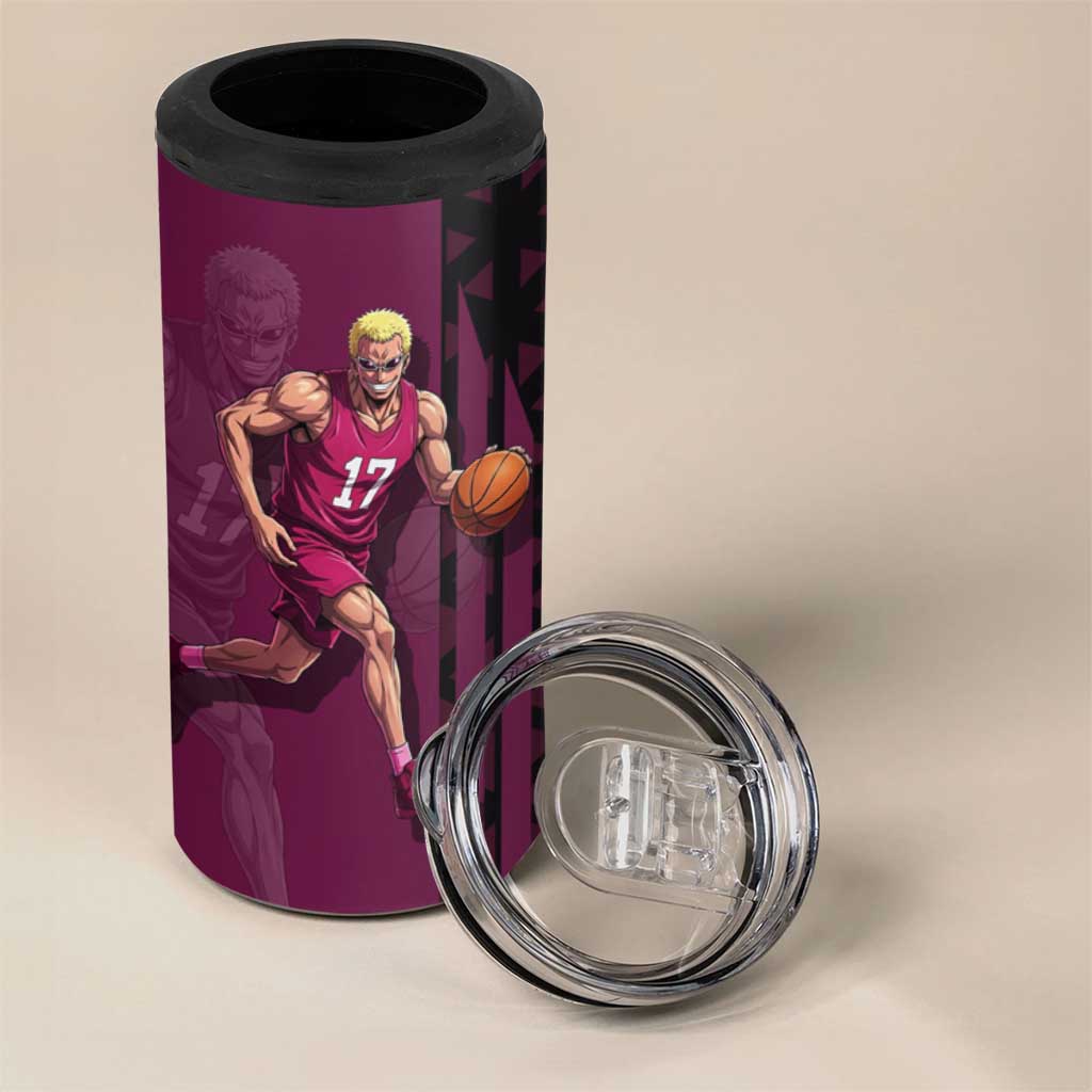 Donquixote Doflamingo One Piece Basketball Theme Maroon and Black Design 4 in 1 Can Cooler Tumbler with Smiling Emblem and Aggressive Pose - The Mazicc
