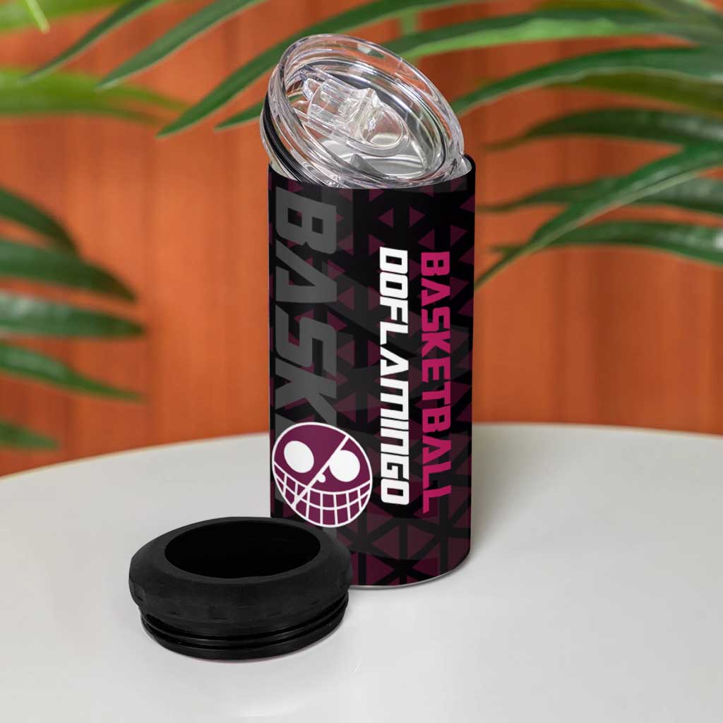 Donquixote Doflamingo One Piece Basketball Theme Maroon and Black Design 4 in 1 Can Cooler Tumbler with Smiling Emblem and Aggressive Pose - The Mazicc