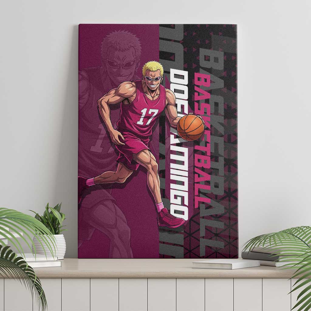 Donquixote Doflamingo One Piece Basketball Theme Maroon and Black Design Canvas Wall Art with Smiling Emblem and Aggressive Pose - The Mazicc