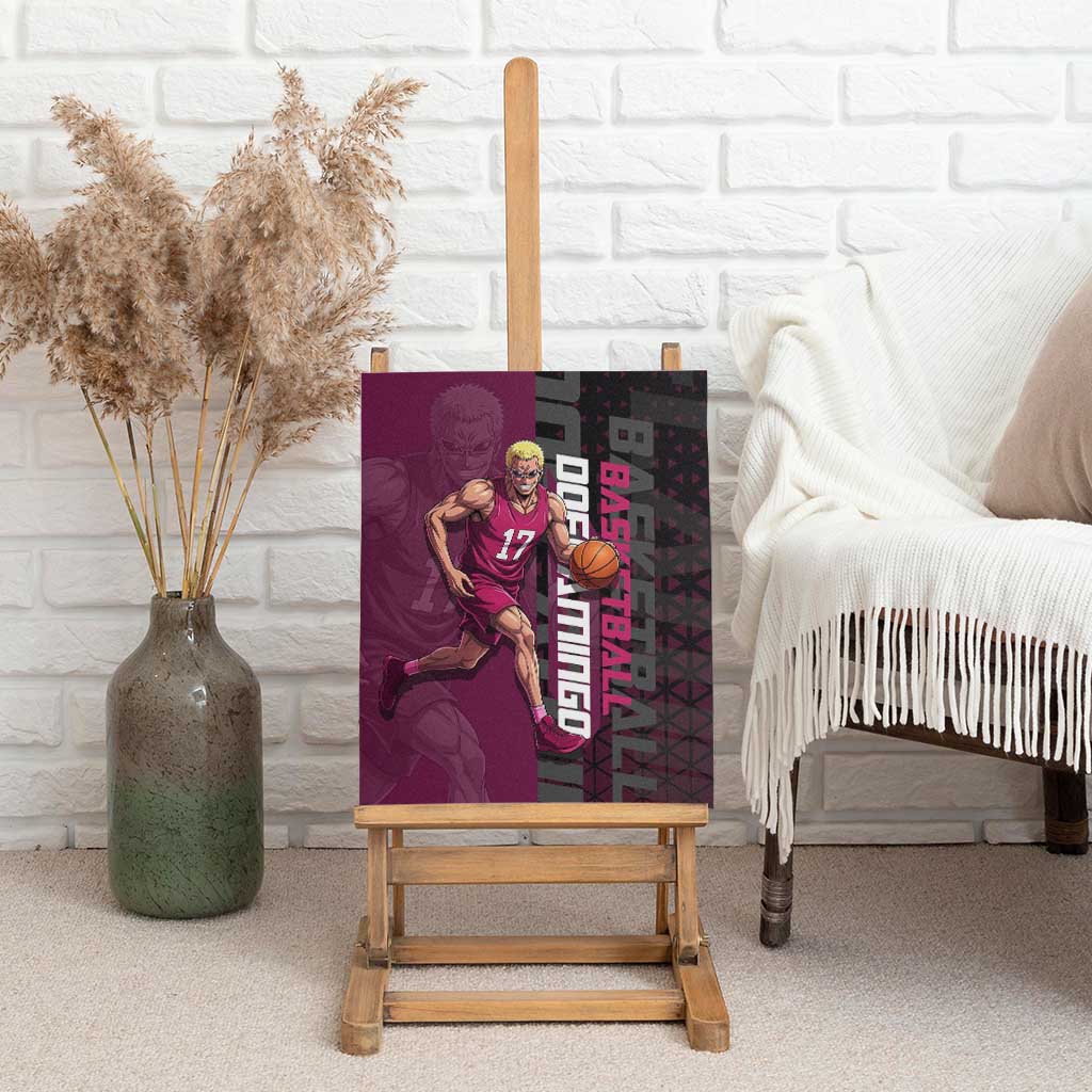 Donquixote Doflamingo One Piece Basketball Theme Maroon and Black Design Canvas Wall Art with Smiling Emblem and Aggressive Pose - The Mazicc