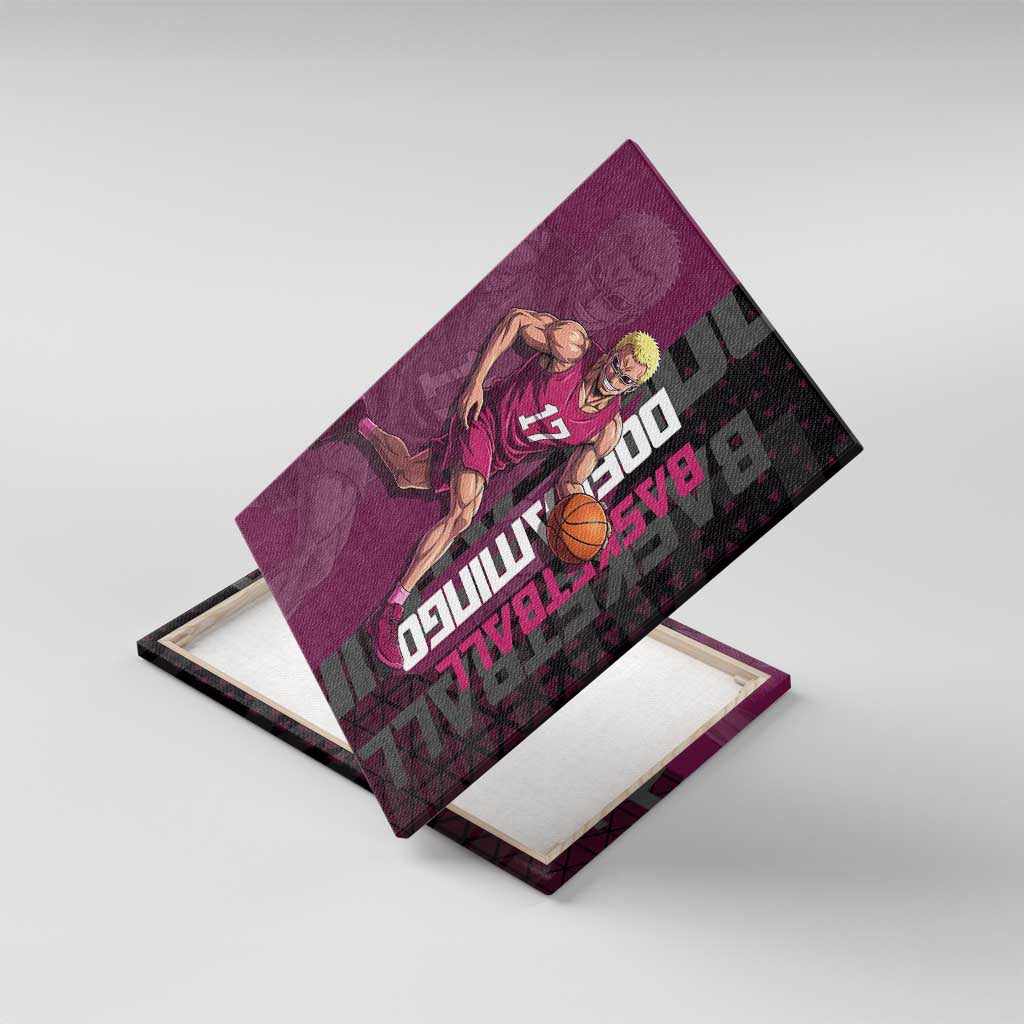 Donquixote Doflamingo One Piece Basketball Theme Maroon and Black Design Canvas Wall Art with Smiling Emblem and Aggressive Pose - The Mazicc