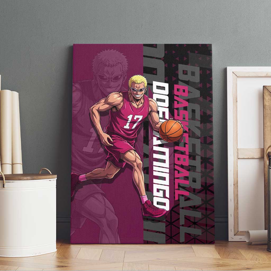 Donquixote Doflamingo One Piece Basketball Theme Maroon and Black Design Canvas Wall Art with Smiling Emblem and Aggressive Pose - The Mazicc