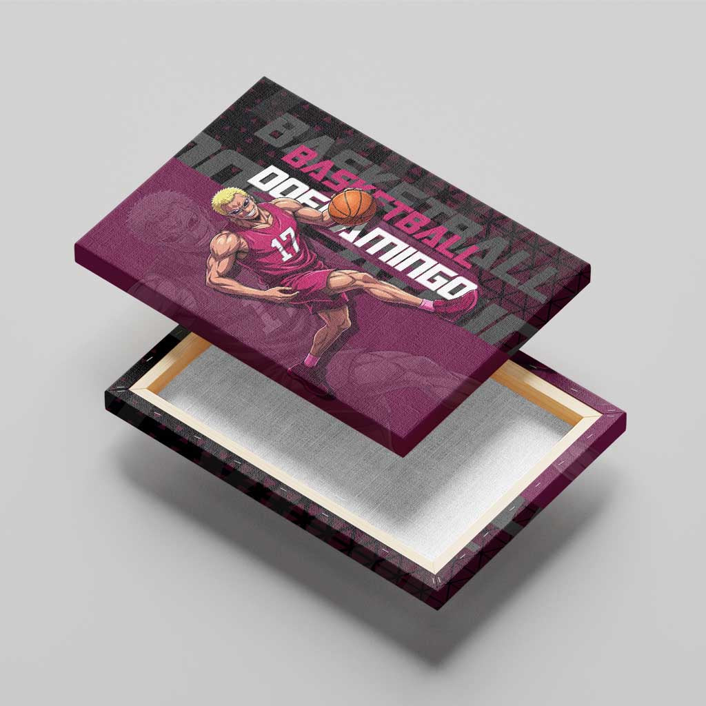 Donquixote Doflamingo One Piece Basketball Theme Maroon and Black Design Canvas Wall Art with Smiling Emblem and Aggressive Pose - The Mazicc