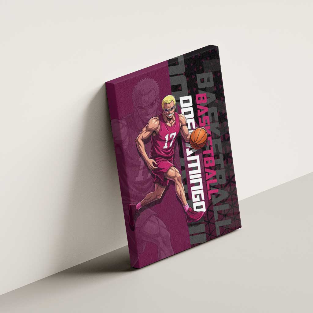 Donquixote Doflamingo One Piece Basketball Theme Maroon and Black Design Canvas Wall Art with Smiling Emblem and Aggressive Pose - The Mazicc