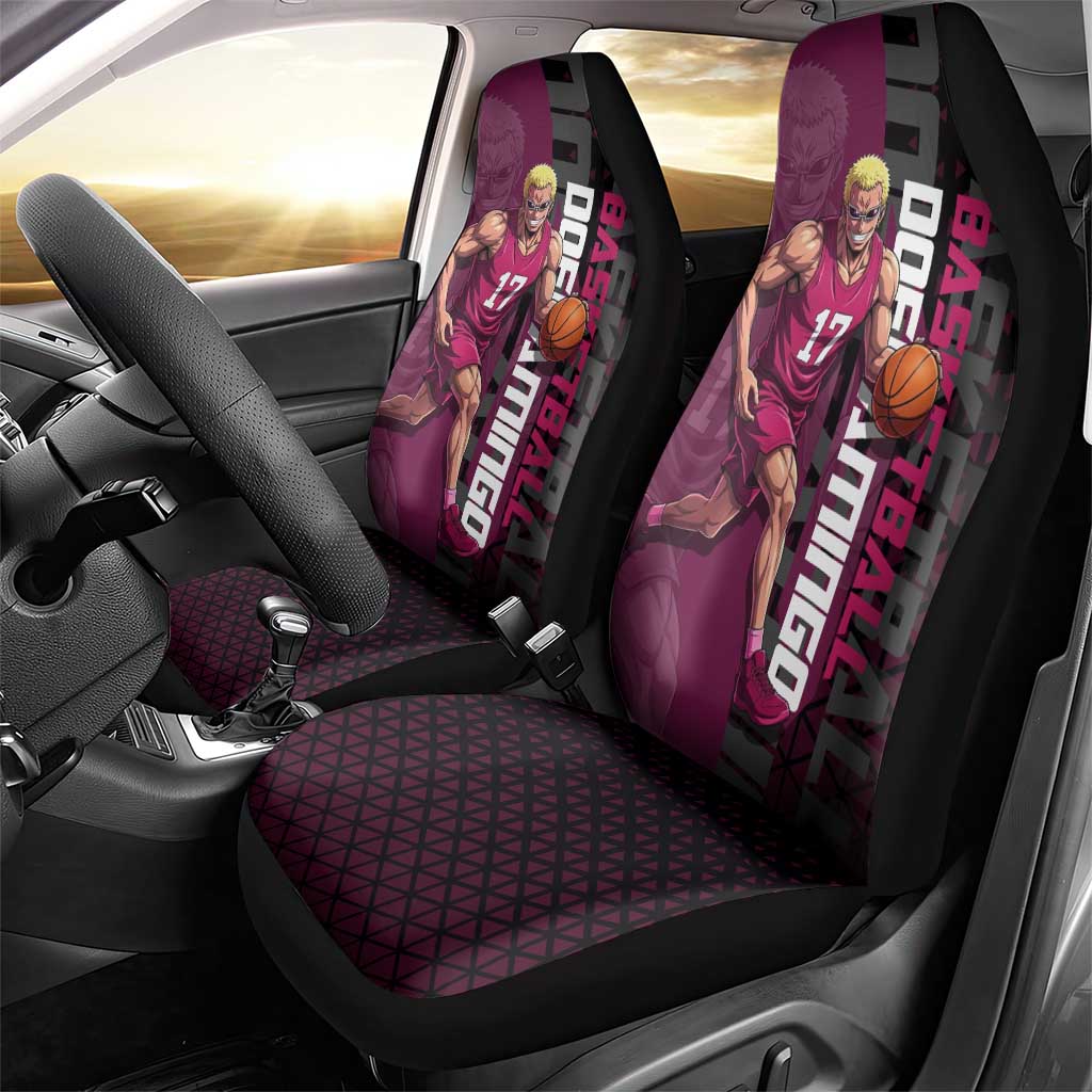 Donquixote Doflamingo One Piece Basketball Theme Maroon and Black Design Car Seat Cover with Smiling Emblem and Aggressive Pose - The Mazicc