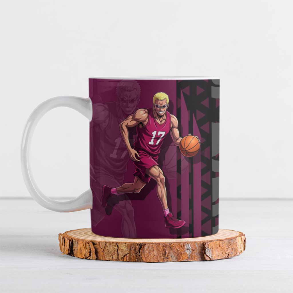 Donquixote Doflamingo One Piece Basketball Theme Maroon and Black Design Ceramic Mug with Smiling Emblem and Aggressive Pose - The Mazicc