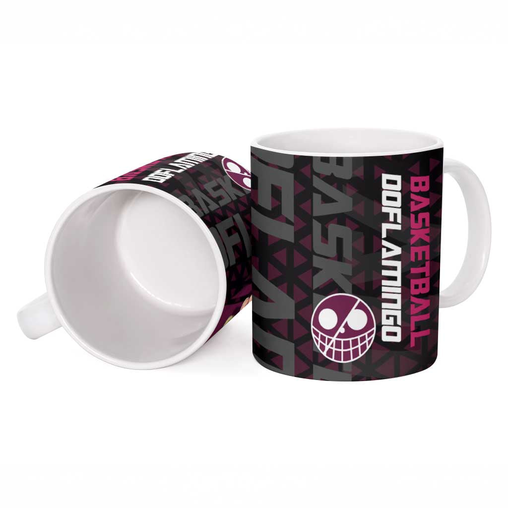 Donquixote Doflamingo One Piece Basketball Theme Maroon and Black Design Ceramic Mug with Smiling Emblem and Aggressive Pose - The Mazicc