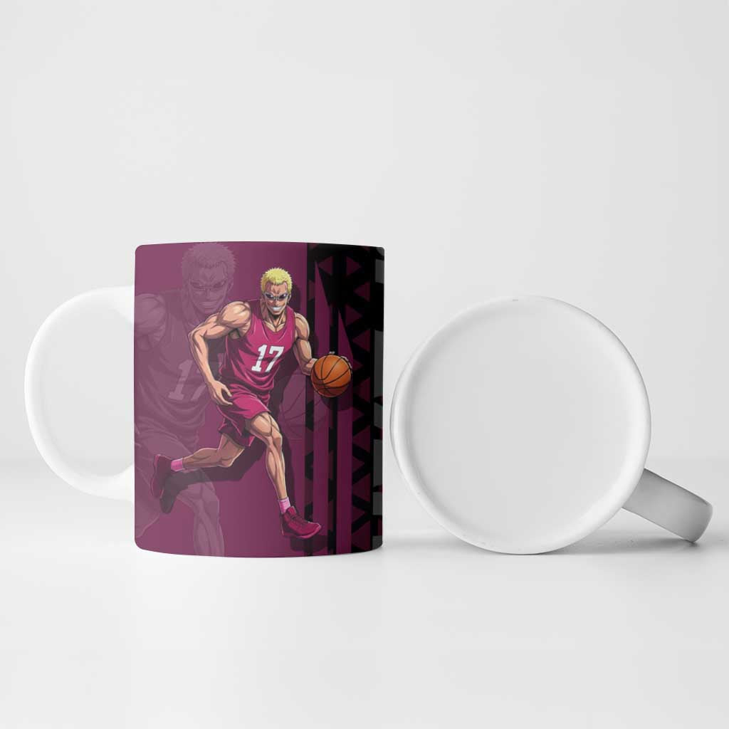 Donquixote Doflamingo One Piece Basketball Theme Maroon and Black Design Ceramic Mug with Smiling Emblem and Aggressive Pose - The Mazicc
